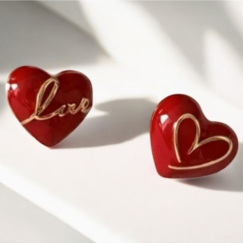 Red Heart Earrings Gold Script Love Valentine's Day Small Pierced Studs Jewelry